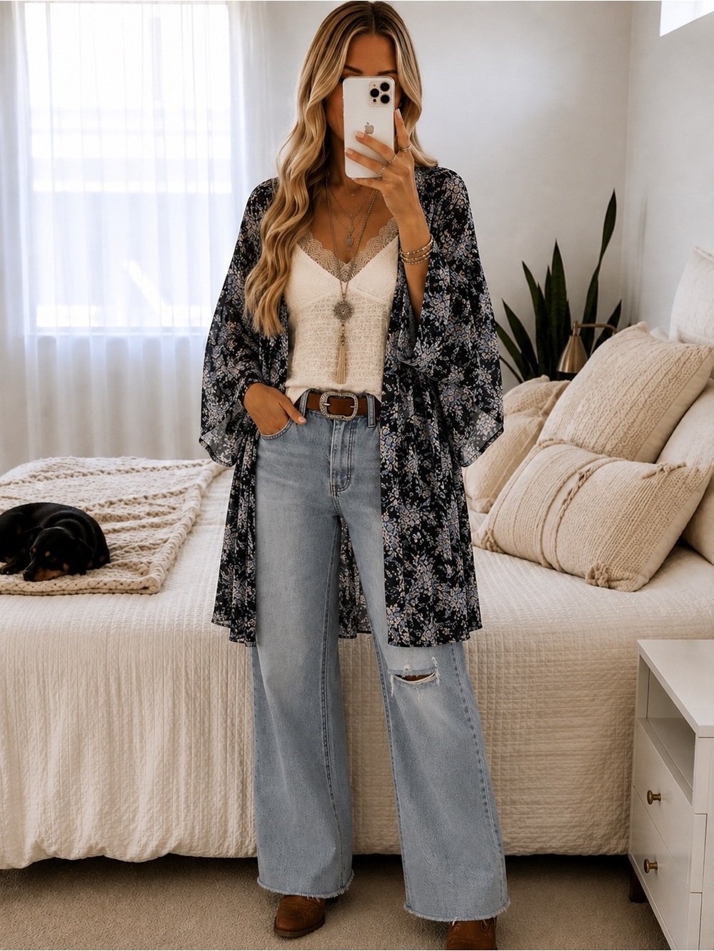 LC Lauren Conrad Black Floral Satin Kimono with Navy Accents
